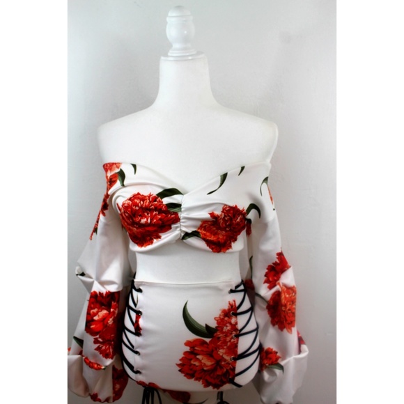 Two-Piece Flower Print Silk Top with Skirt Set - Picture 2 of 8